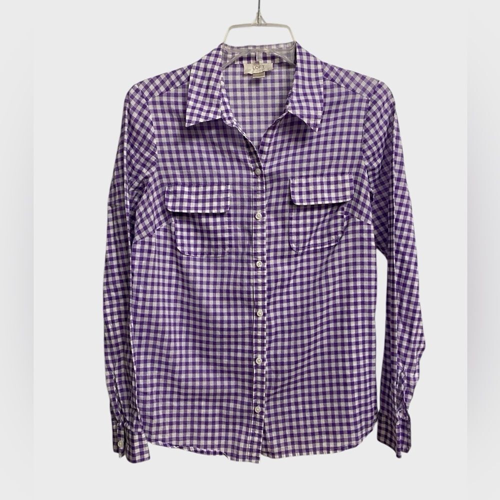 Loft Lightweight Purple White Plaid Button-Up Shirt Women's XS Beach Coastal